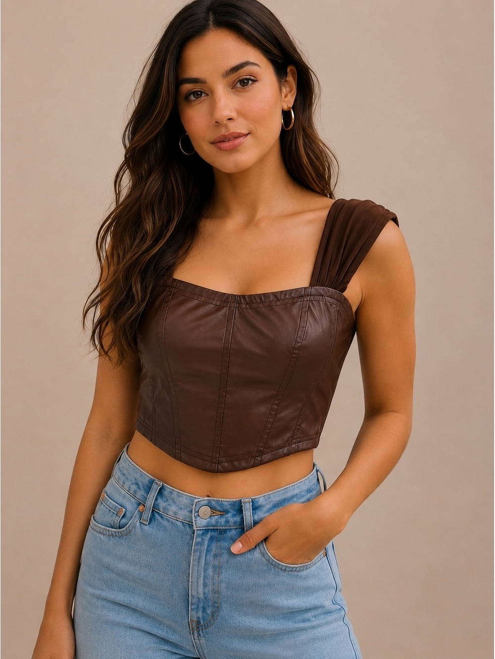 Brown Faux Leather Corset Crop Top Ruched Straps Y2K Size S
